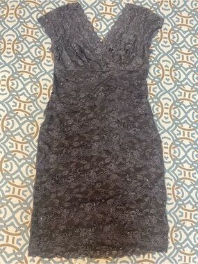 Lace V-Neck Midi Dress in Charcoal Gray